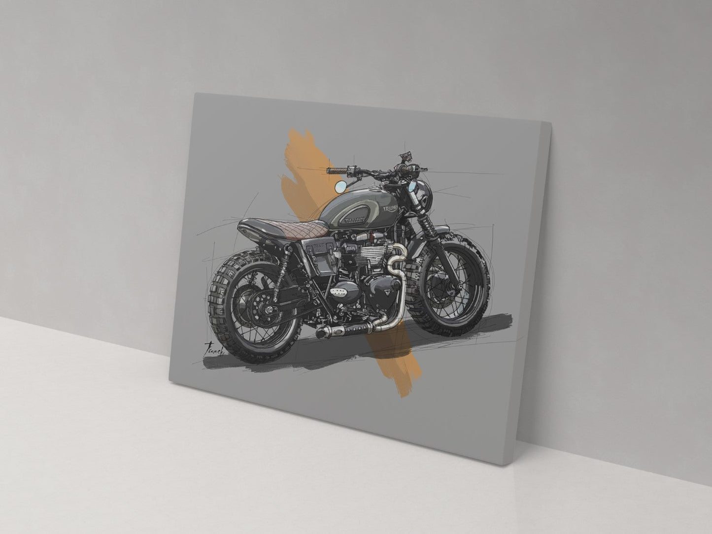 A canvas print of a custom Triumph motorcycle, featuring a blend of gray, gold, and black colors, mounted on a wall.