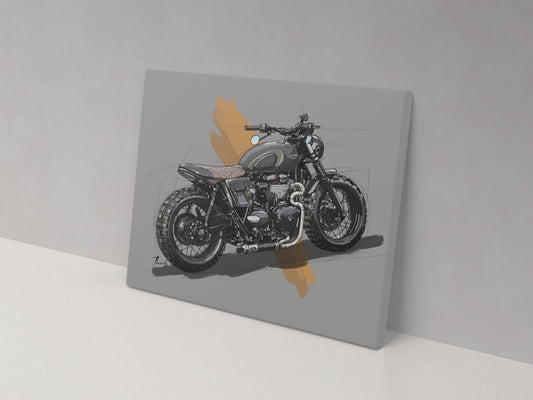 A canvas print of a custom Triumph motorcycle, featuring a blend of gray, gold, and black colors, mounted on a wall.