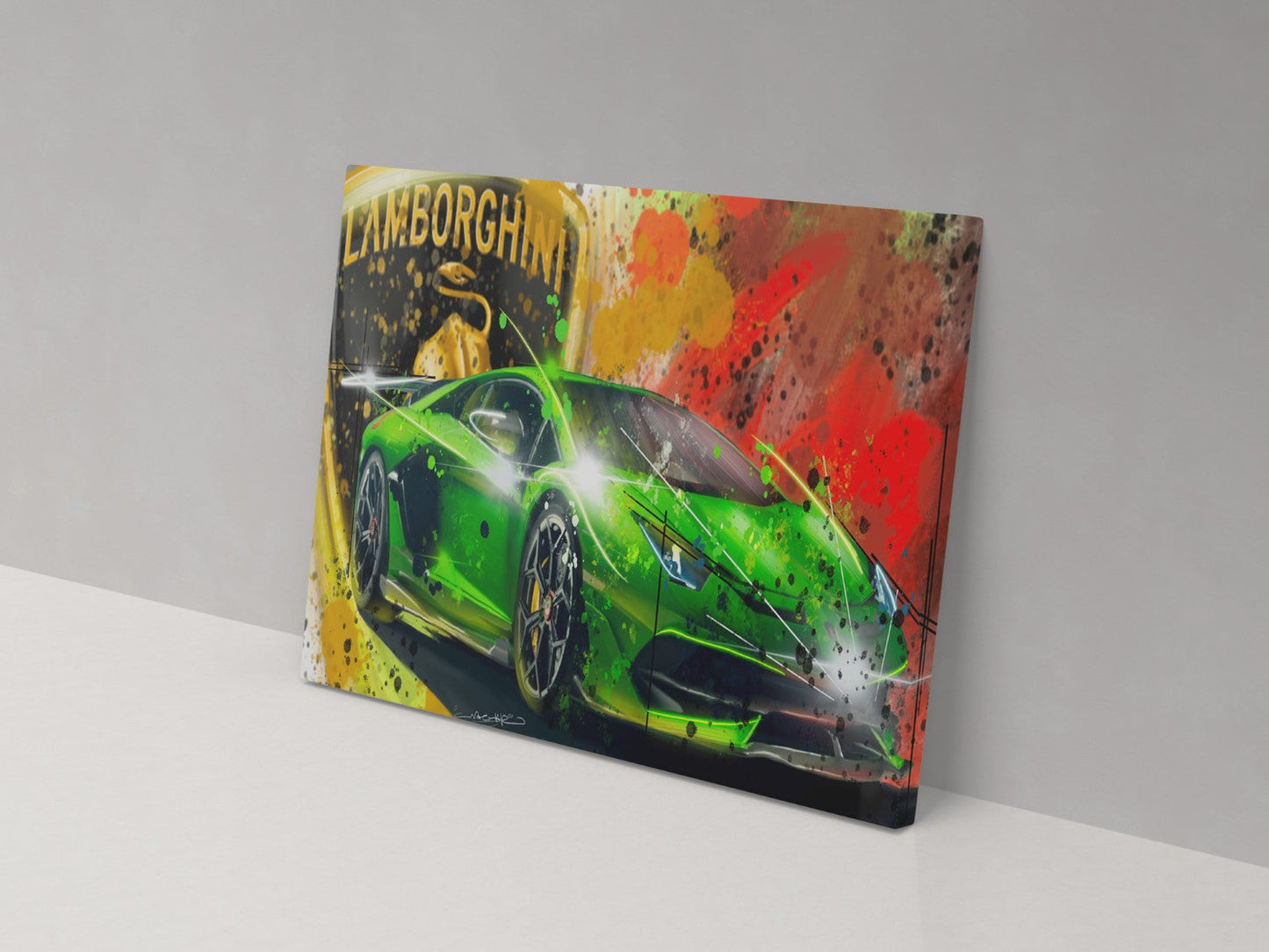 A canvas print featuring a green Lamborghini with a colorful, abstract background.