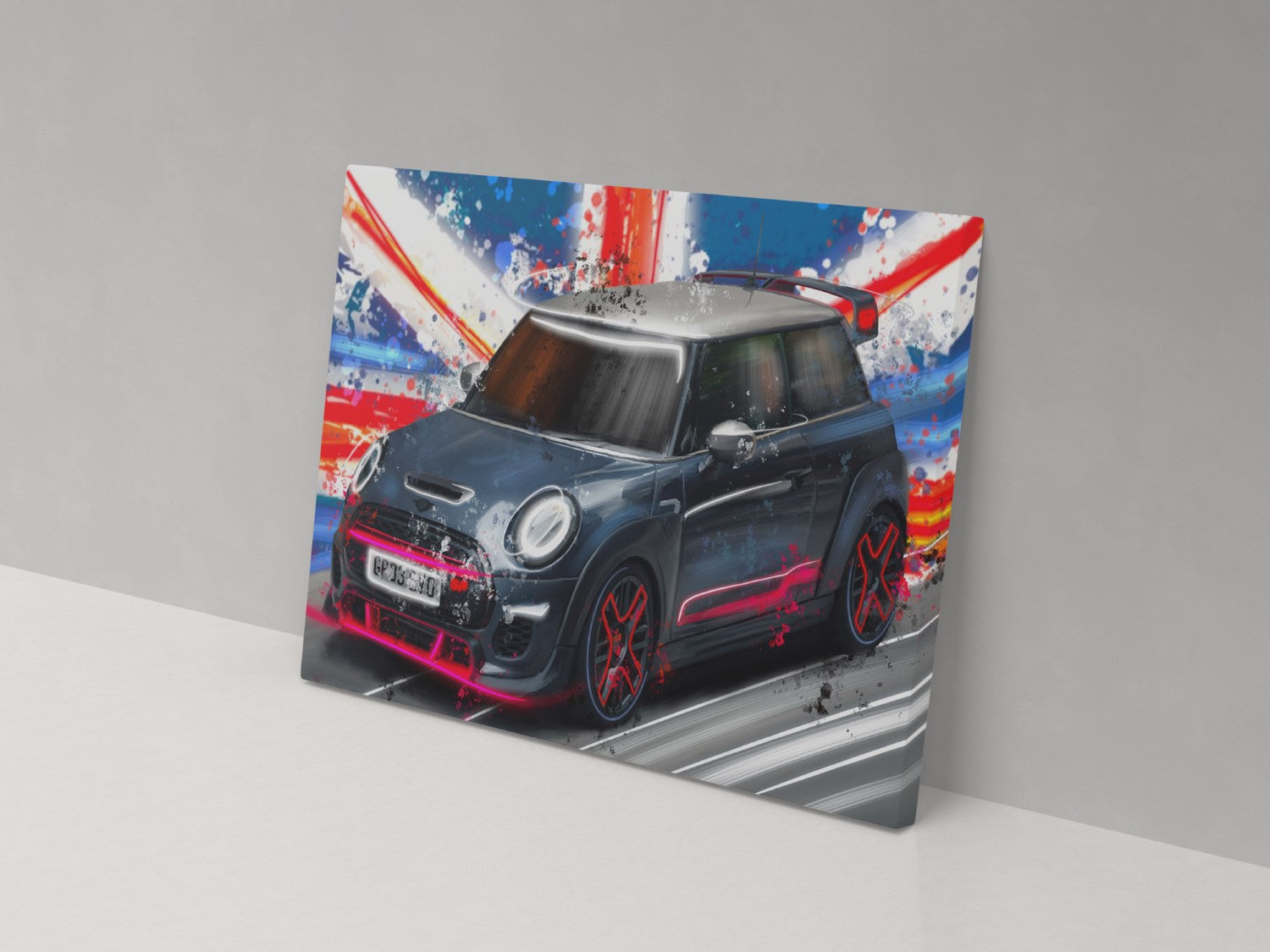 A canvas print of a Mini Cooper with a colorful abstract design in the background.