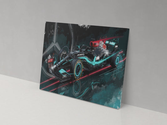 Lewis Hamilton Mercedes Formula 1 car canvas print with turquoise and red details, displayed against a grey wall