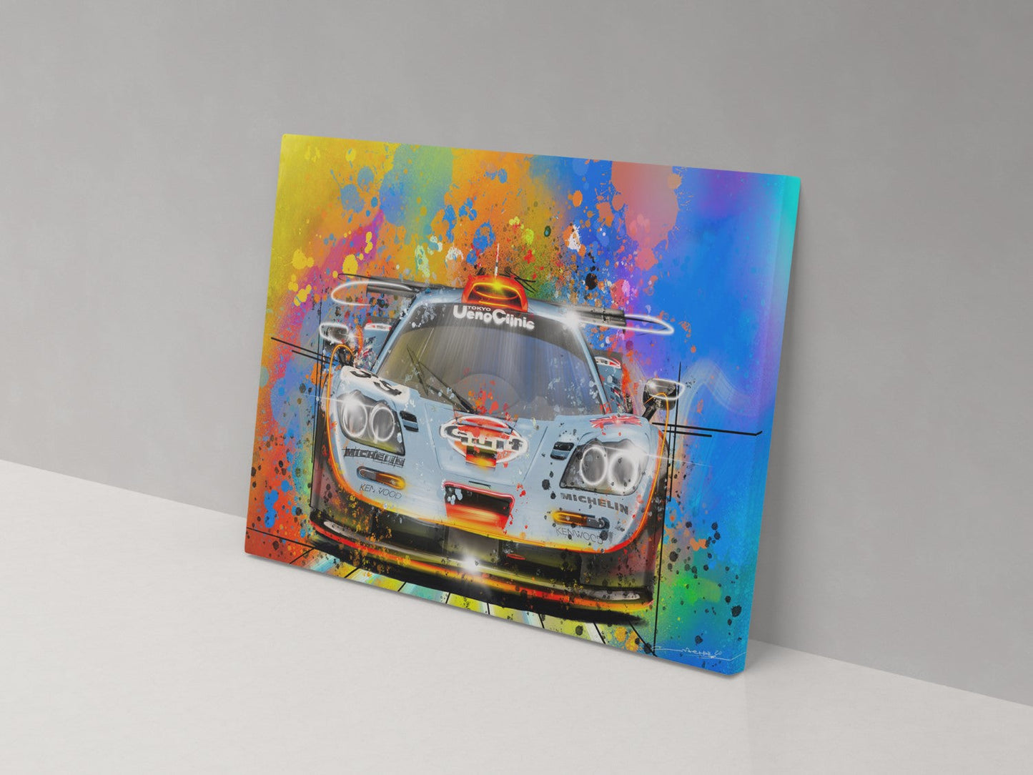 A canvas print featuring a colorful artistic representation of a Gulf racing vehicle with a dynamic and vibrant background.