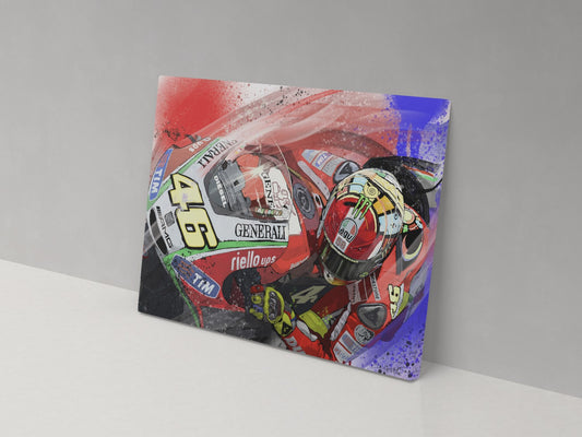 A canvas print featuring a colorful artistic representation of a racing scene with multiple characters and a motorcycle.