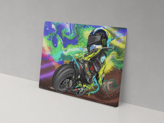 A canvas print featuring a colorful artistic depiction of a motorcycle racer in a helmet with a swirls and vibrant colors in the background.
