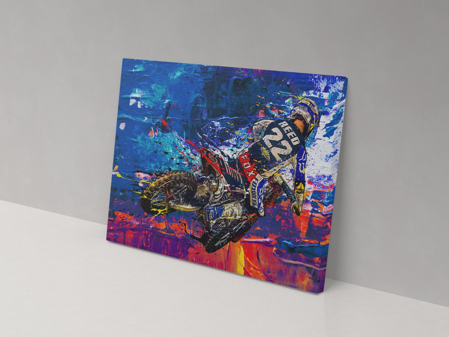 A canvas print featuring a colorful and dynamic painting of a figure in an action pose against an abstract background.