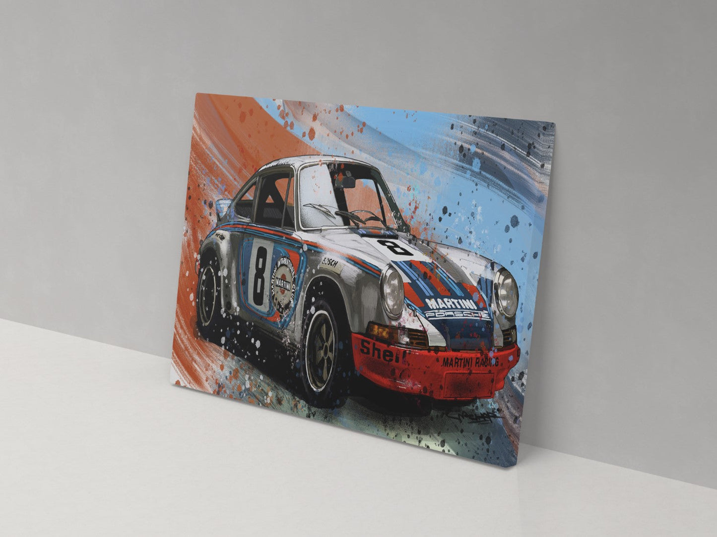 A canvas print of a Porsche 911 RSR race car with a colorful abstract design in the background.