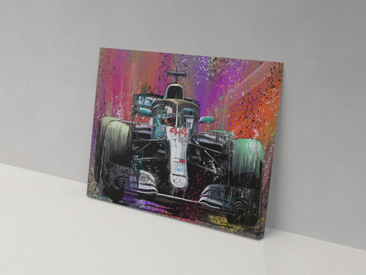 Lewis Hamilton Petronas Mercedes Formula 1 canvas print, displayed against a grey wall