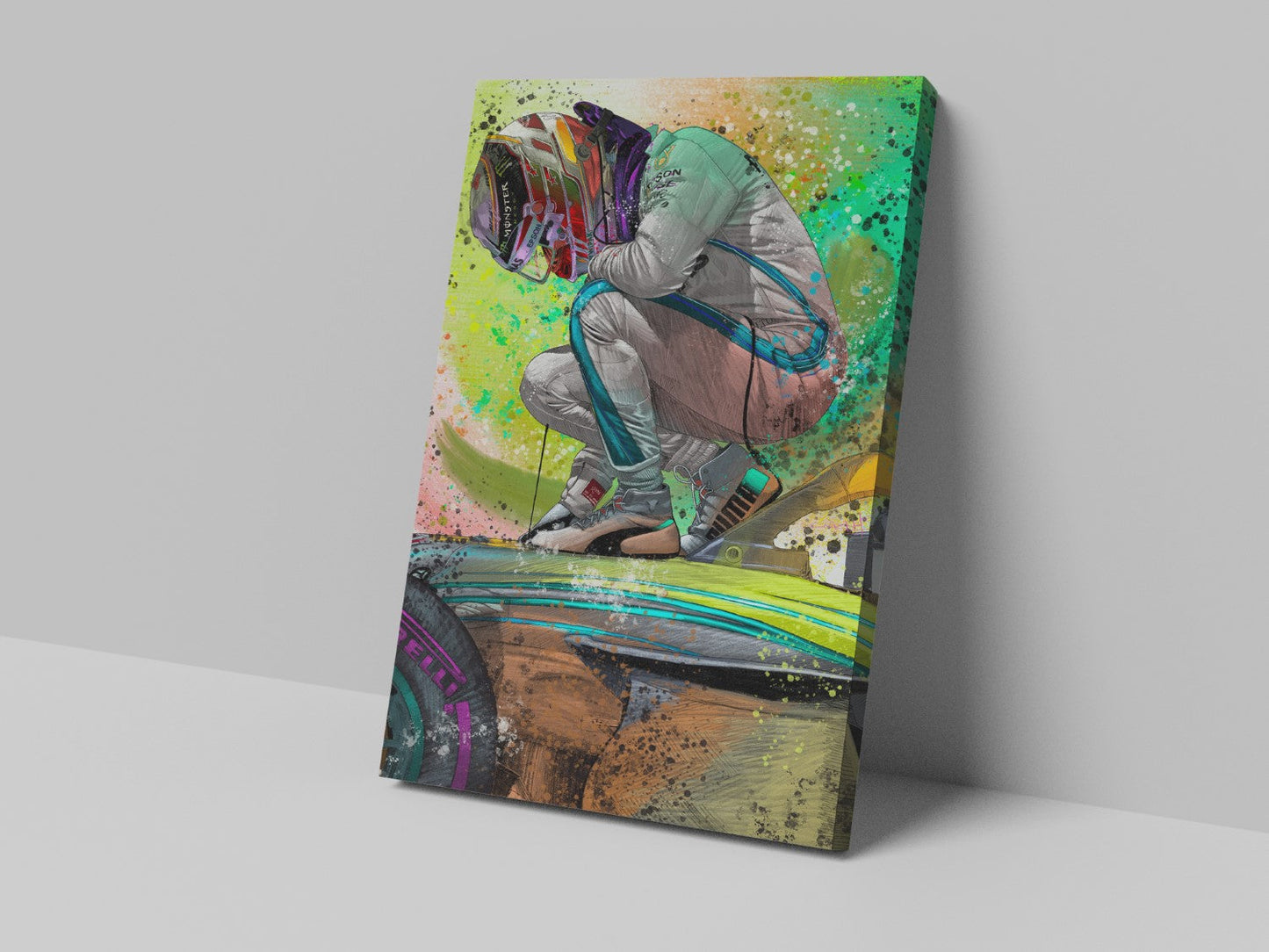 Lewis Hamilton celebrating on a colourful Formula 1 canvas print