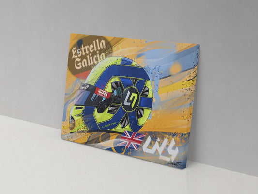 Lando Norris 2020 Formula 1 racing helmet canvas print, displayed against a grey wall