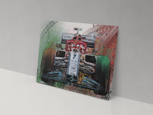 Kimi Räikkönen Alfa Romeo Formula 1 canvas print, displayed against a grey wall