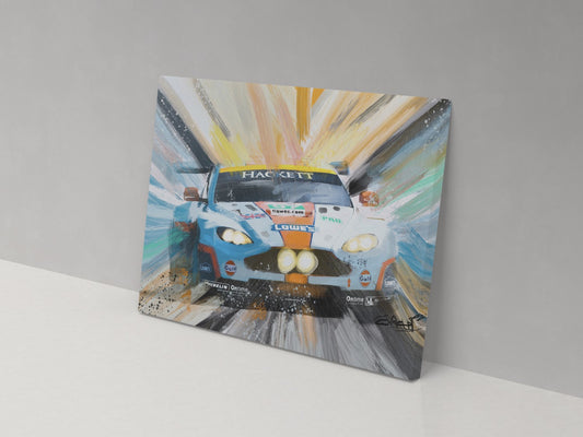 A canvas print of a Gulf Aston Martin GT racing car with a colorful abstract art style.