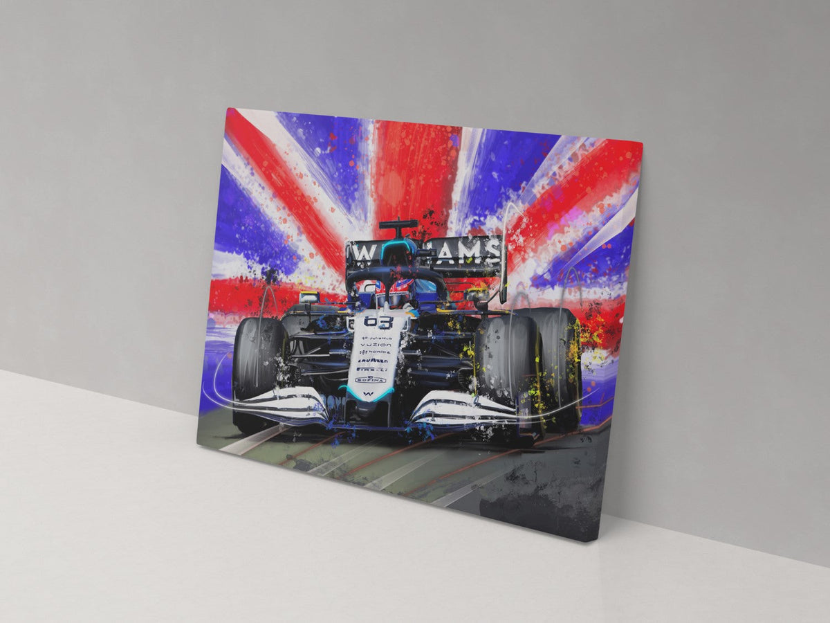 George Russell Williams Formula 1 car canvas print, displayed against a grey wall