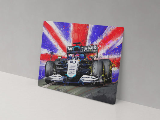 George Russell Williams Formula 1 car canvas print, displayed against a grey wall