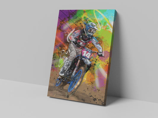 A canvas print of a motocross rider on a Yamaha 450 motorcycle, with a colorful abstract background.