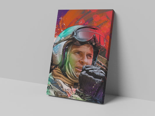 Bruce McLaren Formula 1 tribute artwork on a canvas print, displayed against a grey wall
