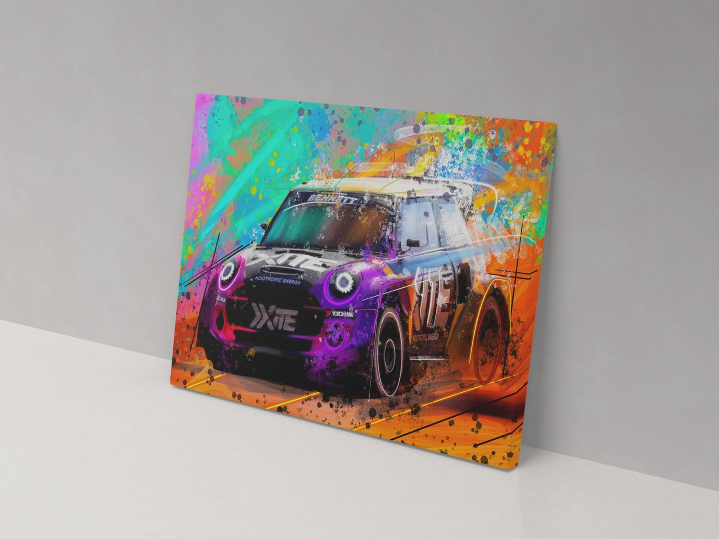 A canvas print of a colorful artistic depiction of a Mini Cooper.