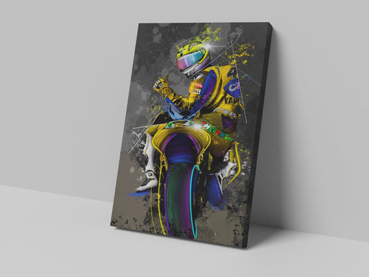 A canvas print featuring a colorful illustration of a motorcycle racer in a dynamic pose with a black background.