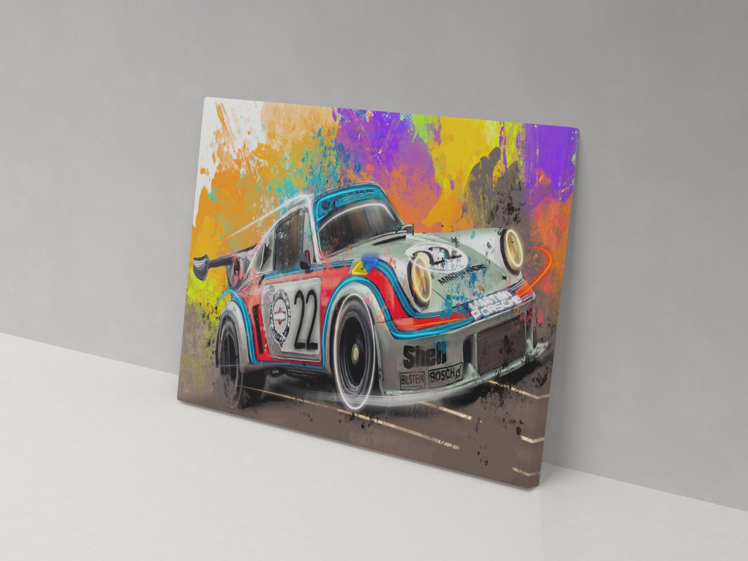 A canvas print of a colorful artistic representation of a Porsche vehicle.
