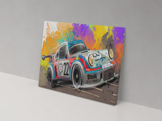 A canvas print of a colorful artistic representation of a Porsche vehicle.