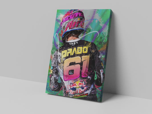 A canvas print featuring a colorful artistic representation of a motocross rider with the number 67 and the brand Red Bull visible.