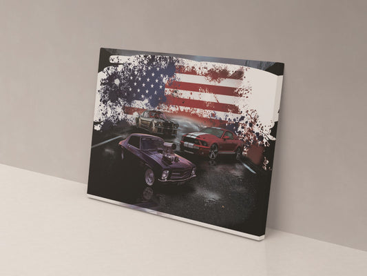 A canvas print featuring an image of classic cars with an American flag in the background, mounted on a wall.
