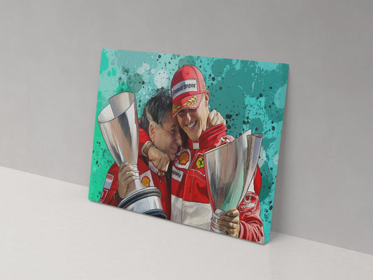 Michael Schumacher celebrating in his Ferrari racing suit on a Formula 1 canvas print