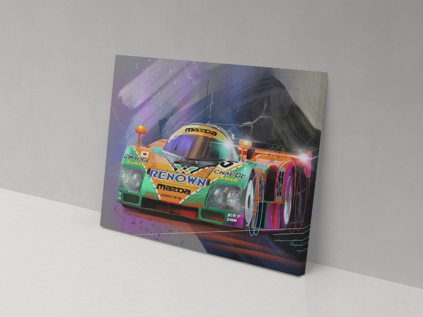 A canvas print of a multicolored, racing version of the Mazda Supercar with a dynamic and vibrant design, featuring the car from a side angle against a gradient background.