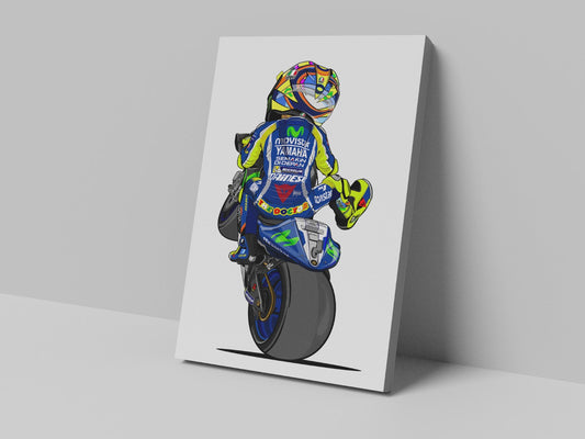 A canvas print featuring a cartoon sketch of a motorcycle racer in full gear with a multicolored suit and helmet, seated on a motorcycle.
