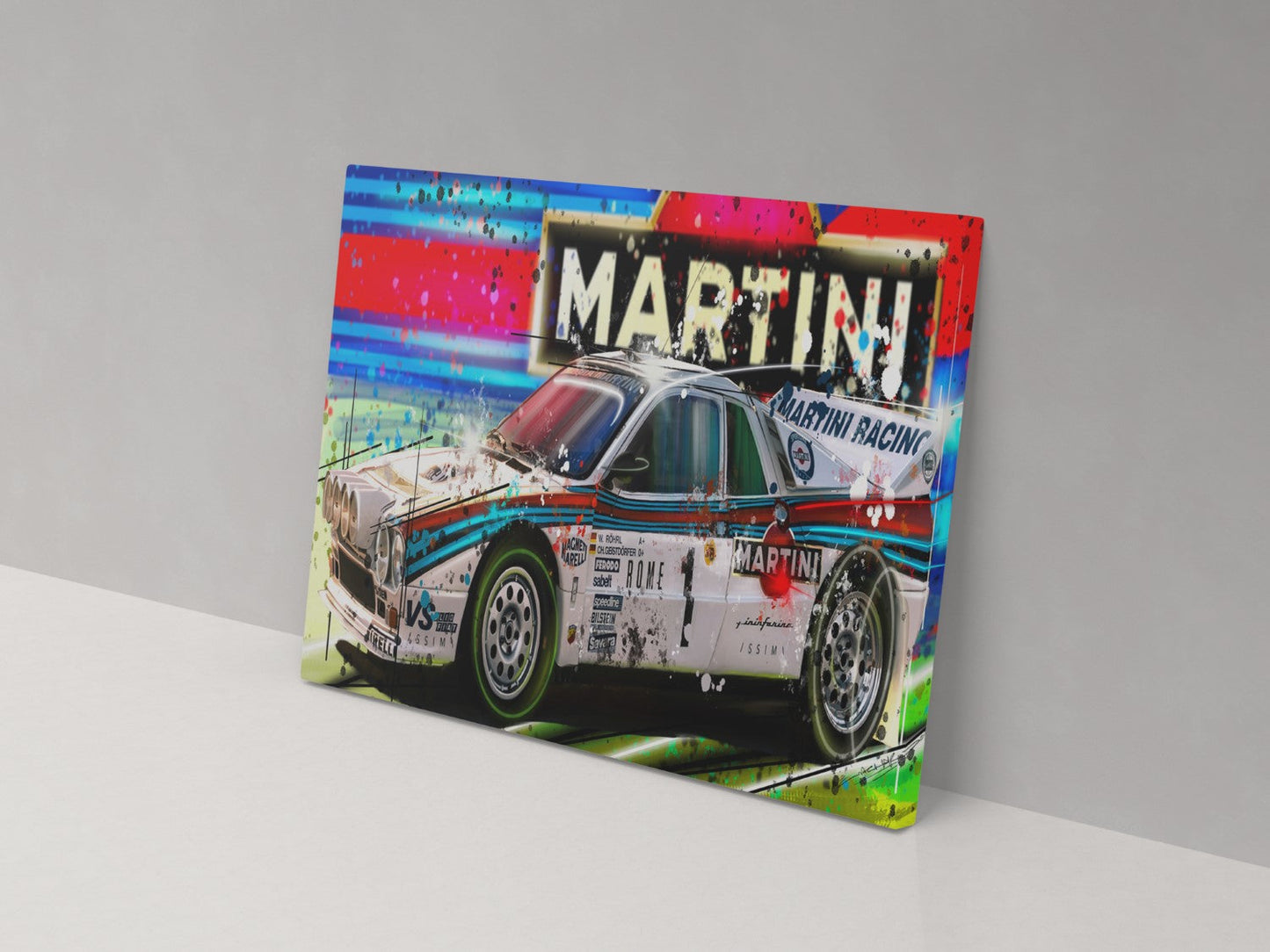 A canvas print featuring a colorful illustration of a Martini branded rally car.