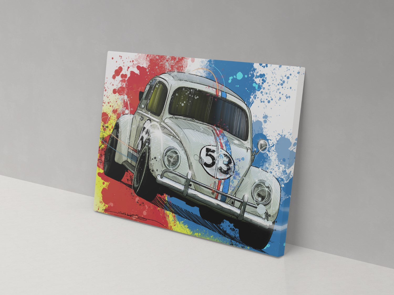 A canvas print of a colorful artistic depiction of the Herbie the Love Bug character, resembling a vintage Volkswagen Beetle, against a red, white, and blue paint-splattered background.