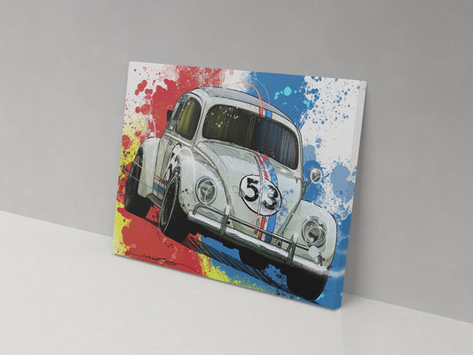 A canvas print of a colorful artistic depiction of the Herbie the Love Bug character, resembling a vintage Volkswagen Beetle, against a red, white, and blue paint-splattered background.