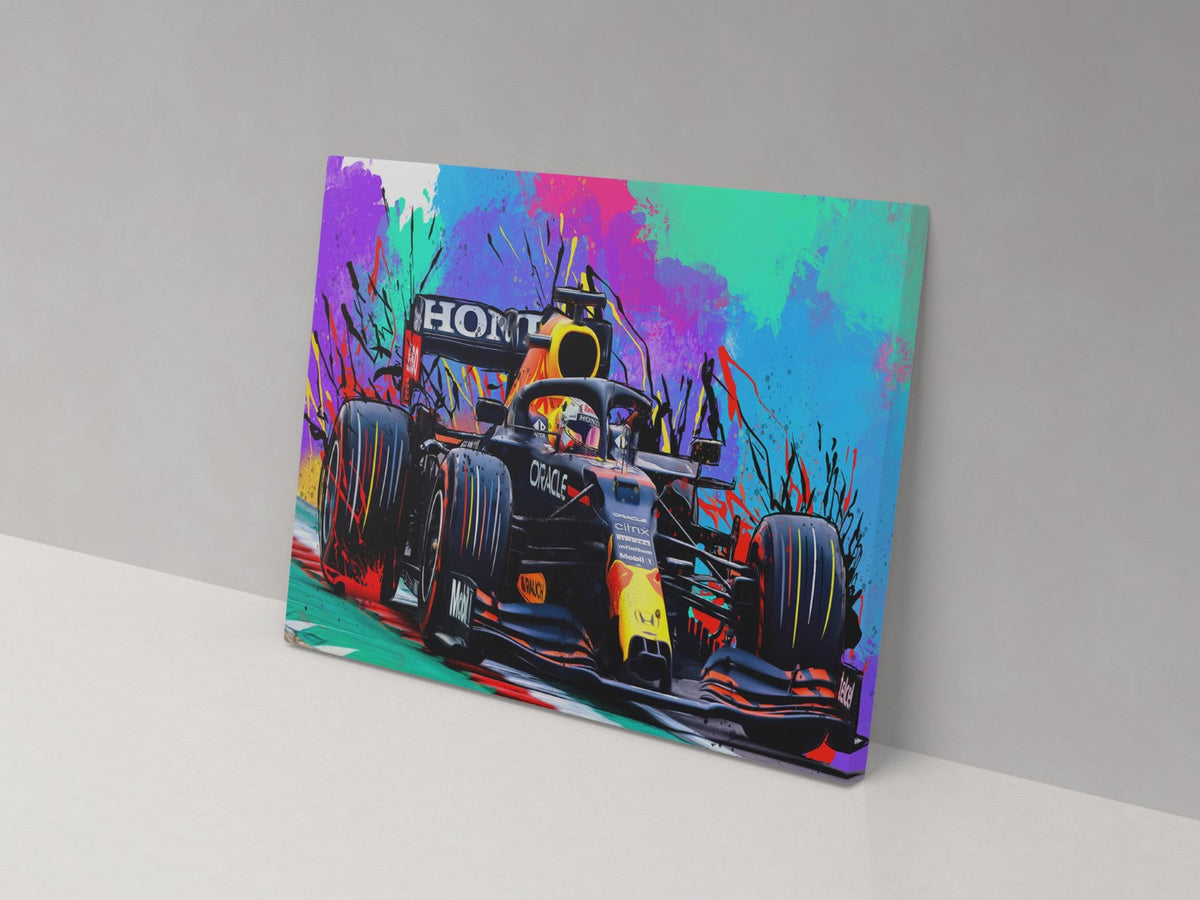 Max Verstappen 2022 Red Bull Formula 1 car canvas print, displayed against a grey wall