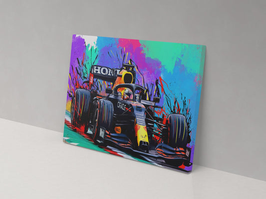 Max Verstappen 2022 Red Bull Formula 1 car canvas print, displayed against a grey wall