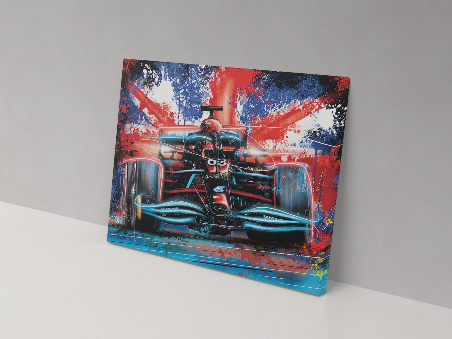 George Russell Mercedes Formula 1 artwork on a canvas print, displayed against a grey wall