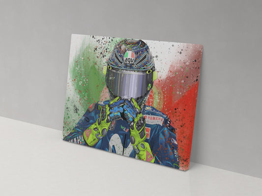 A canvas print featuring a colorful artistic depiction of a person in a motorcycle racing helmet, with red, blue, and green splashes of paint.
