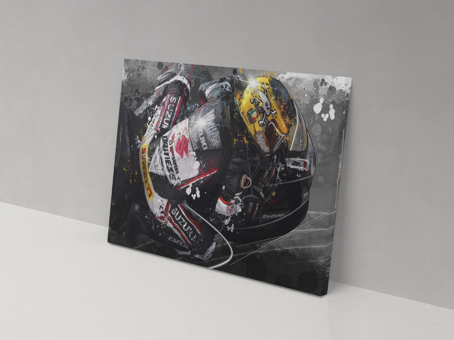 A canvas print featuring a close-up of a motorcycle helmet with a black, white, and yellow color scheme, mounted on a wall.