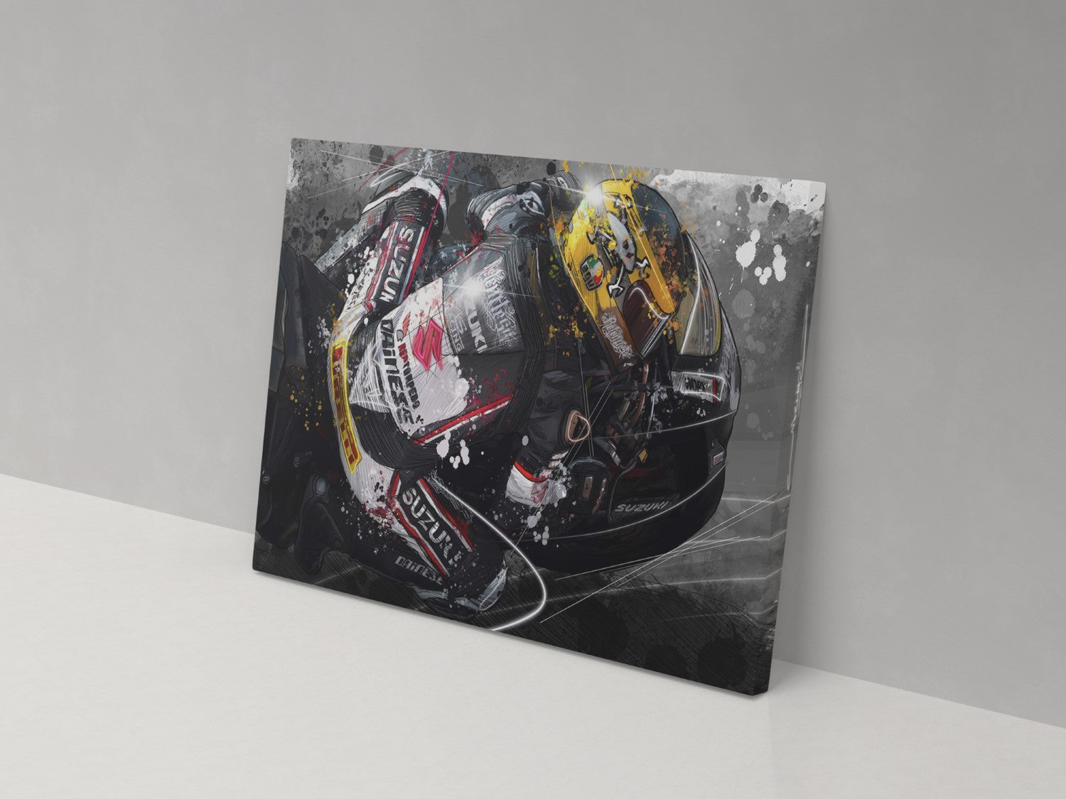 A canvas print featuring a close-up of a motorcycle helmet with a black, white, and yellow color scheme, mounted on a wall.