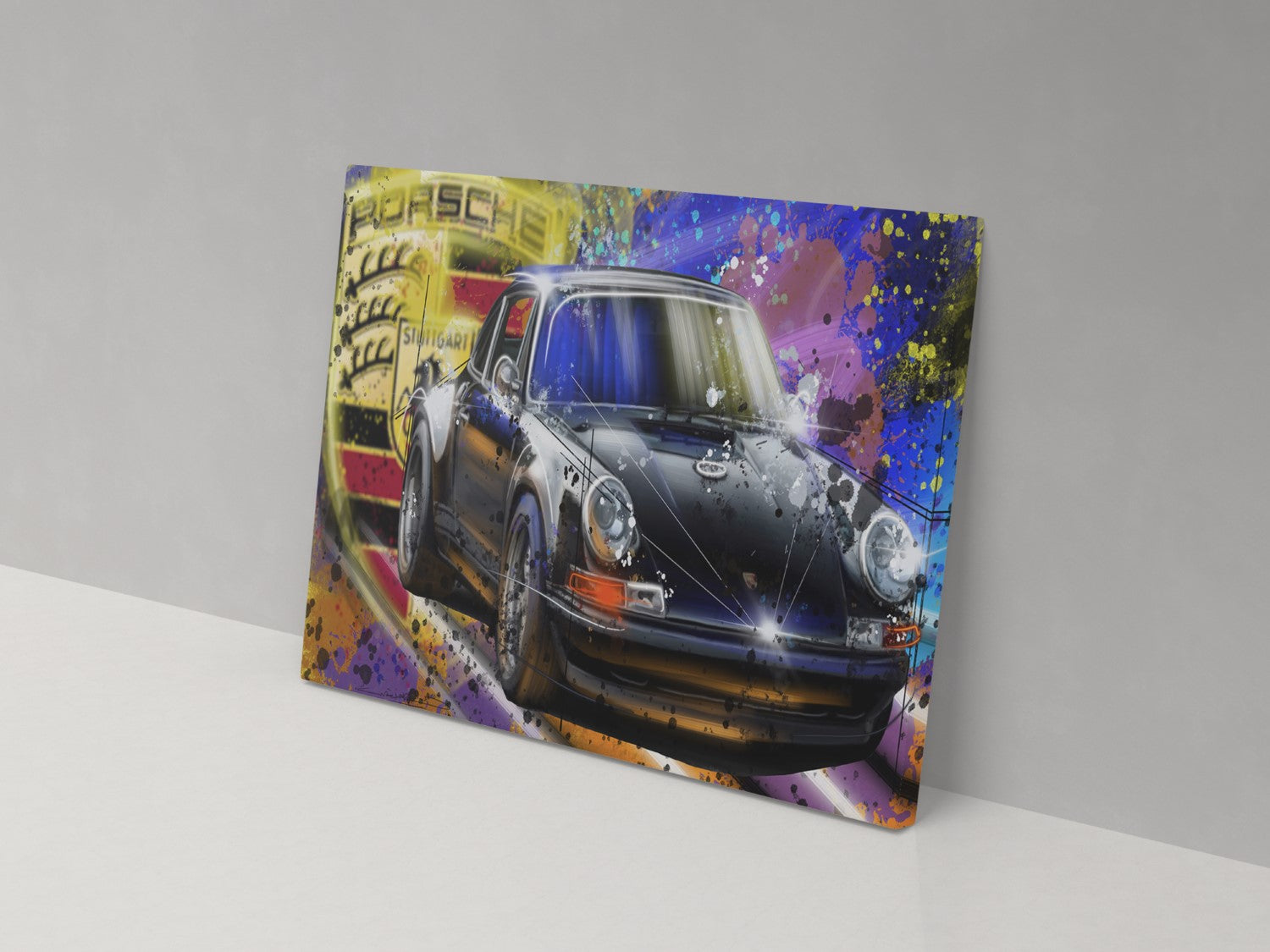 A canvas print featuring a black Porsche car with colorful, abstract splashes of paint in the background.