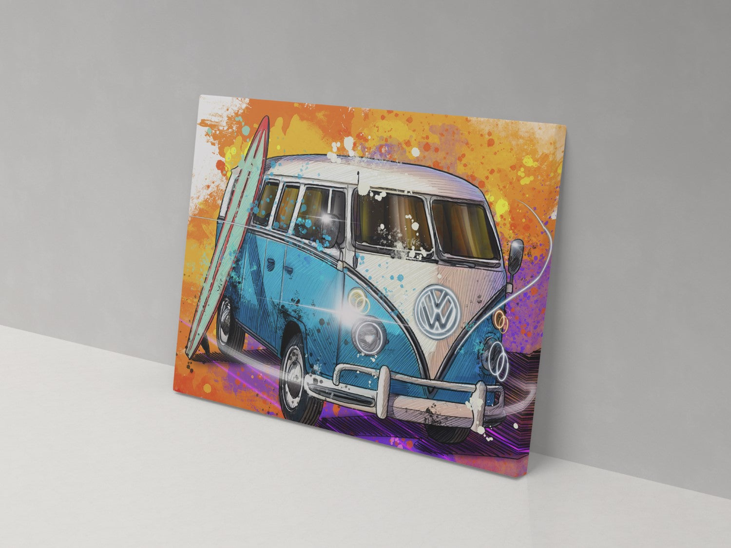A canvas print of a classic camper van with a colorful and abstract background.