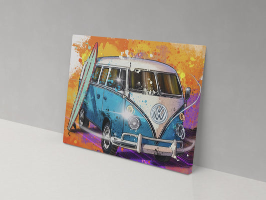 A canvas print of a classic camper van with a colorful and abstract background.
