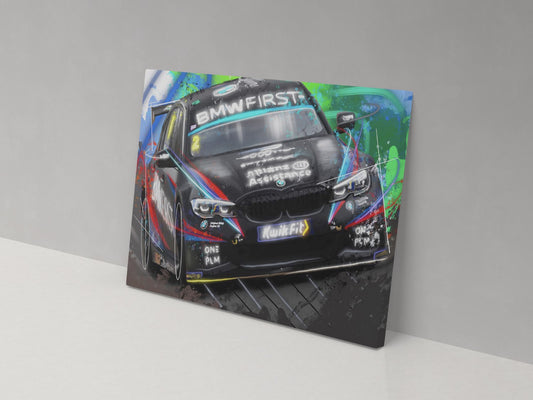 A canvas print featuring a colorful illustration of a BMW racing car with the text 'BMW FIRST' on the side.