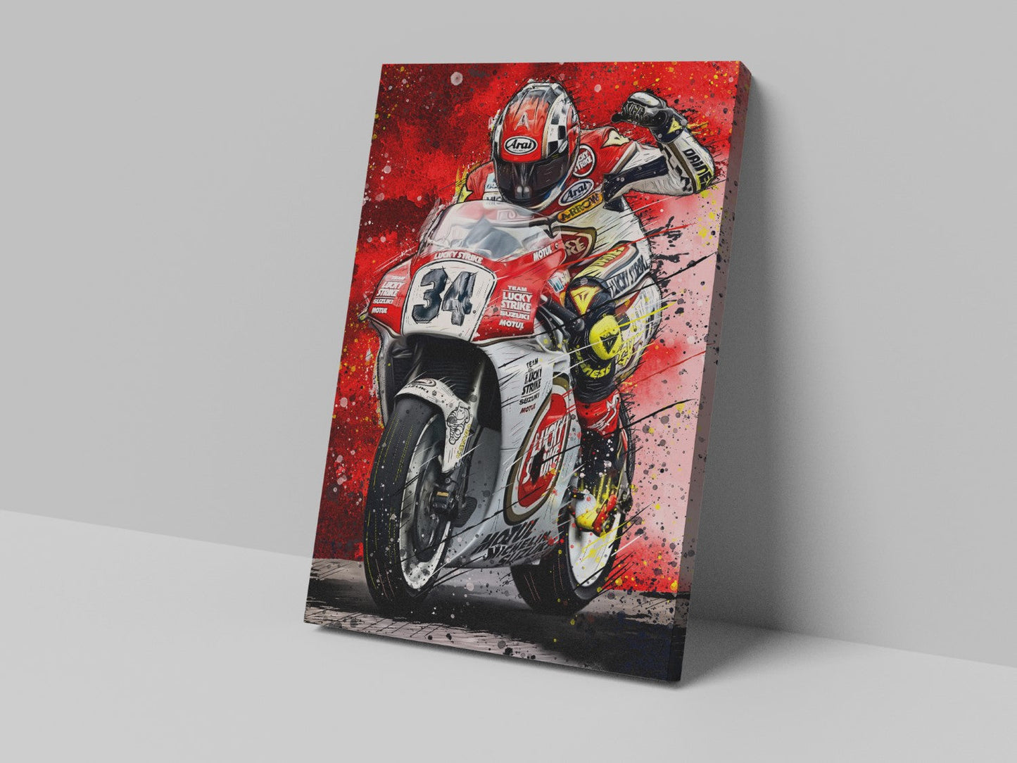A canvas print featuring a colorful illustration of a motorcycle racer in action, number 34, with a red and white color scheme.