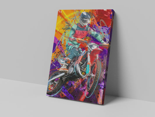 A canvas print featuring a colorful, abstract representation of a motorcycle racer on a motorcycle with vibrant, bold lines and a variety of colors.