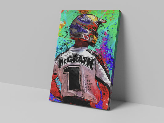 A canvas print featuring a colorful artistic representation of a person in a motorcycle racing suit with the number 1 on the back, set against a abstract colorful background.