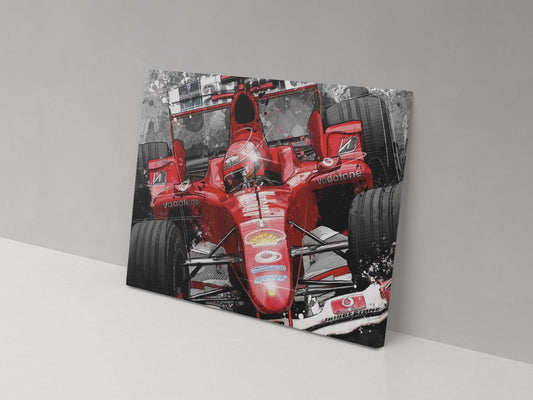 Michael Schumacher red Ferrari F2002 Formula 1 car canvas print, displayed against a grey wall