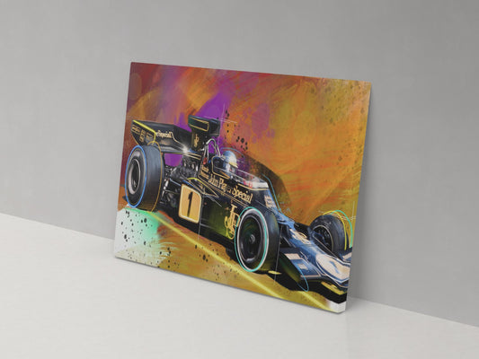 A canvas print of a colorful illustration of a race car.