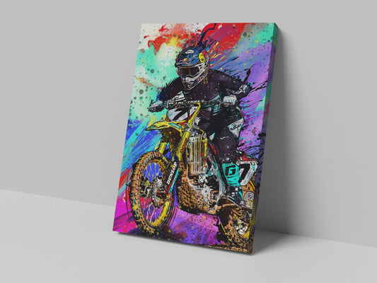 A colorful canvas print of a motocross rider on a motorcycle, featuring a blend of multicolored, abstract, and realistic elements.
