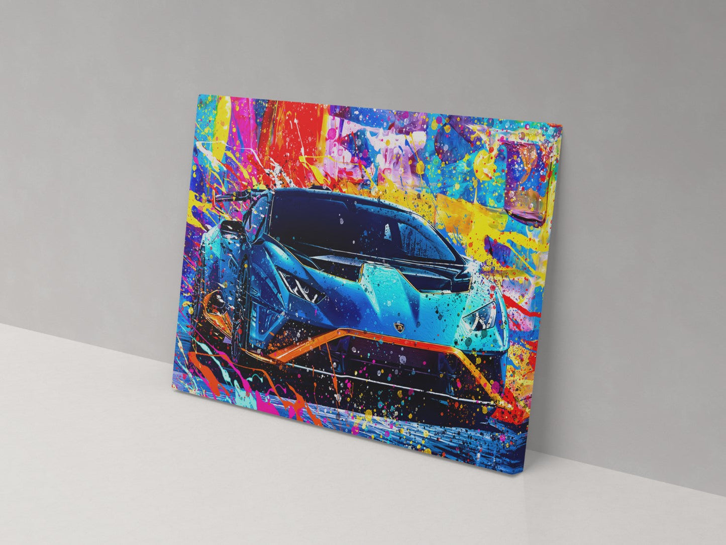 A canvas print featuring an abstract, colorful artistic representation of a blue sports car.