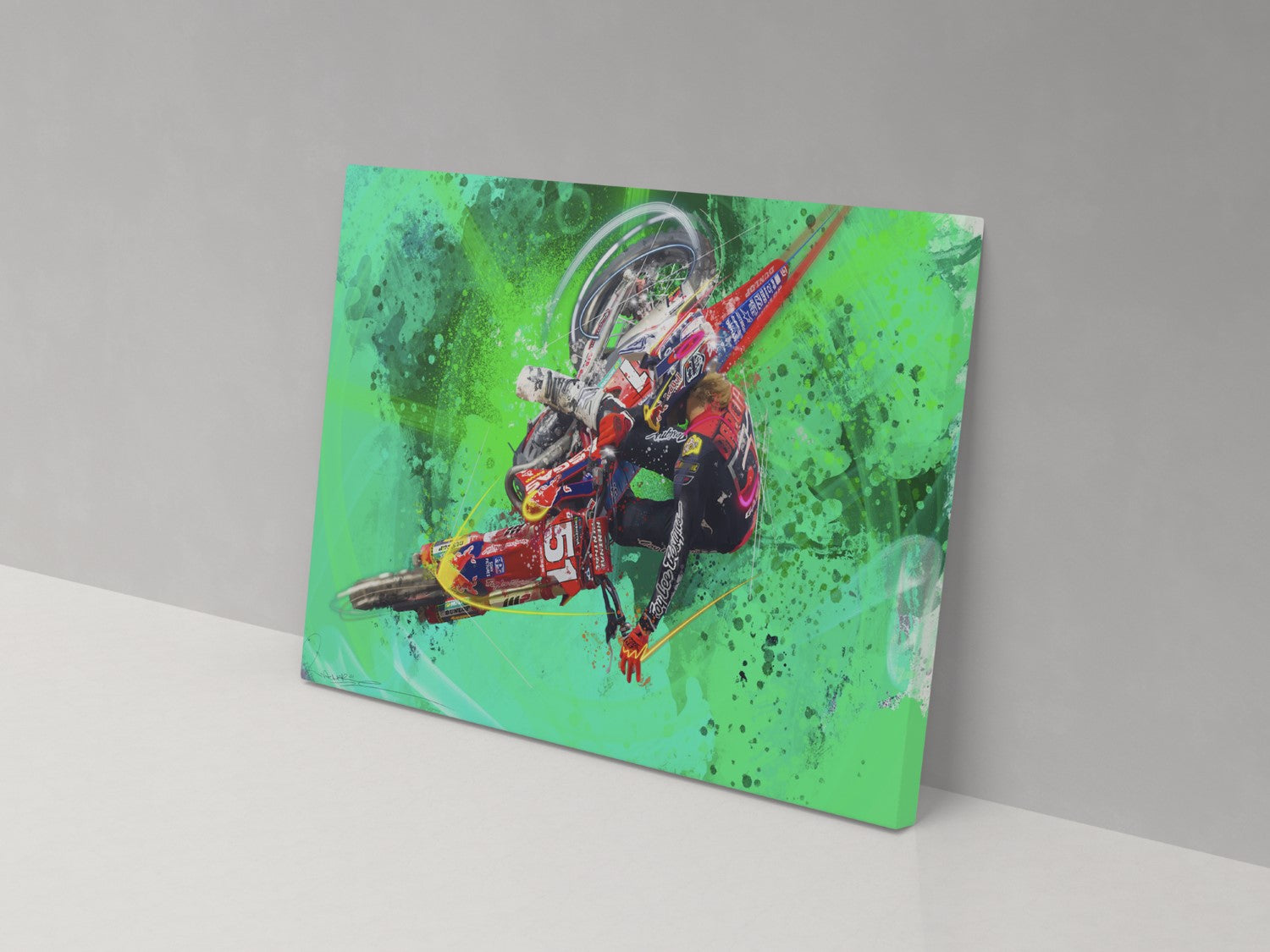 A canvas print featuring an action sports personality in mid-air, predominantly green background with splashes of red and white.