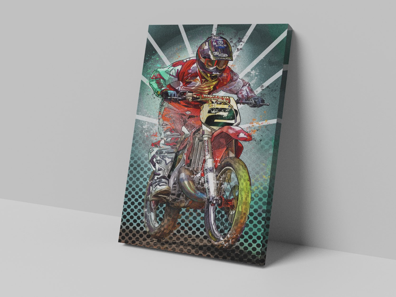 A canvas print of a motocross rider in mid-action on a motorcycle, featuring vibrant colors and dynamic movement.